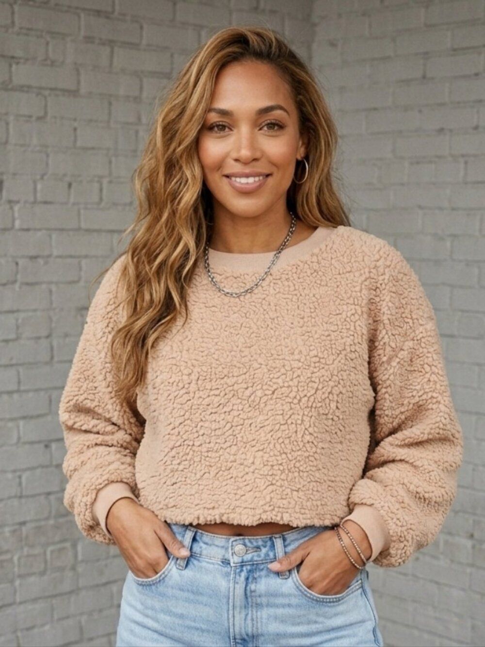 WILD FABLE Tan Fleece Teddy Bear Cropped Sweater Balloon Sleeve Size XL